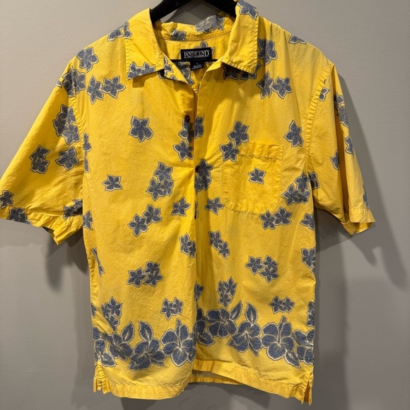 Lands' End Yellow and Blue Casual Hawaiian Button Down Shirt - Picture 1 of 2